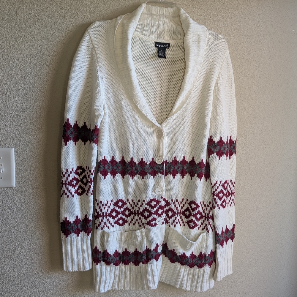 Vintage Wet Seal Size Medium Women's Cream and Burgundy Cardigan